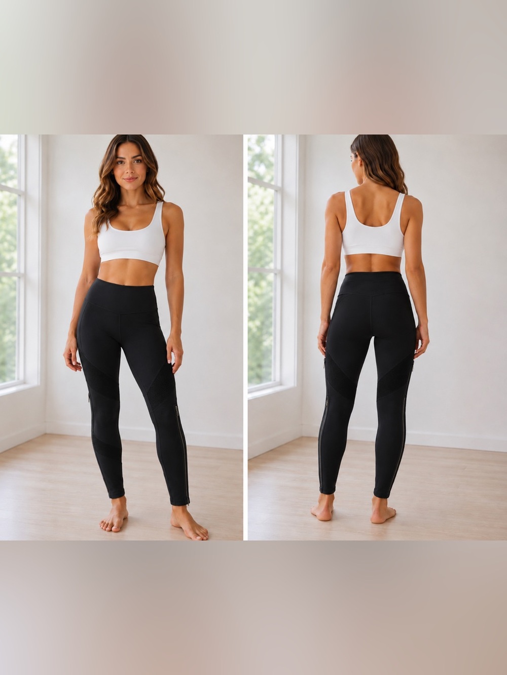 Athleta Black Moto Textured High-Rise Performance Leggings Ankle Zipper Detail